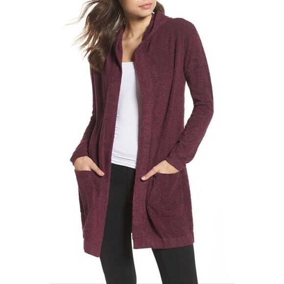 Barefoot Dreams Cozychic Lite Coastal Hooded Long Cardi in Burgundy - Picture 1 of 11